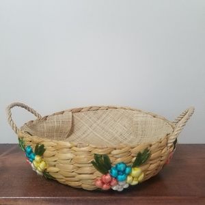 Basket | Wicker Boho Floral Embroidered w/ Handles